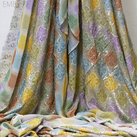 Multi Sequin Embroidery Fabric by the Yard Indian Georgette Saree Embroidered Crafting Sewing Sequined Wedding Dress Costumes Doll Making
