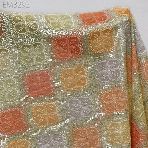 Sequin Embroidery Fabric by the Yard Indian Multi Georgette Saree Embroidered Crafting Sewing Sequined Wedding Dress Costumes Doll Making