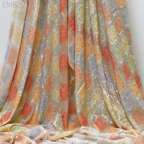 Sequin Embroidery Fabric by the Yard Indian Multi Georgette Saree Embroidered Crafting Sewing Sequined Wedding Dress Costumes Doll Making