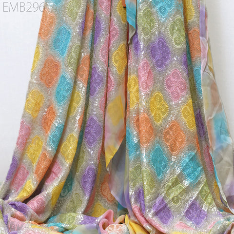 Multi Sequin Embroidery Fabric by the Yard Indian Georgette Saree Embroidered Crafting Sewing Sequined Wedding Dress Costumes Doll Making