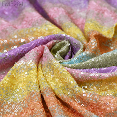Sequin Embroidery Fabric by the Yard Indian Georgette Saree Embroidered Crafting Sewing Sequined Wedding Dress Costumes Doll Making