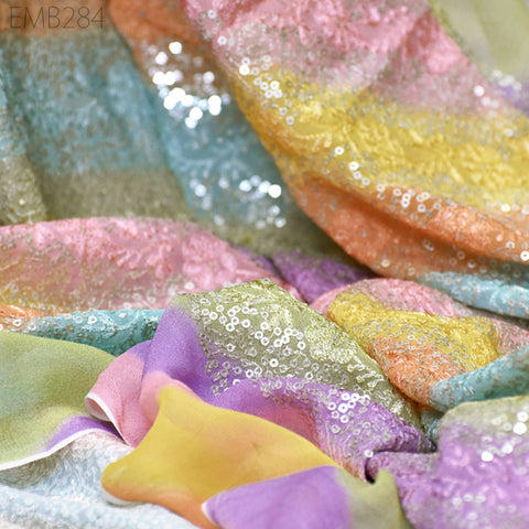 Sequin Embroidery Fabric by the Yard Indian Georgette Saree Embroidered Crafting Sewing Sequined Wedding Dress Costumes Doll Making