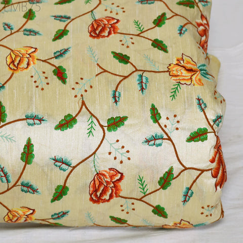 Indian Beige Embroidered Dupioni Fabric by the Yard Sewing Crafting Wedding Dresses Fabric Costumes Dolls Bags Cushion Covers Table Runners