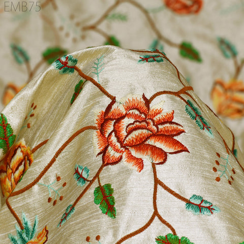 Indian Beige Embroidered Dupioni Fabric by the Yard Sewing Crafting Wedding Dresses Fabric Costumes Dolls Bags Cushion Covers Table Runners