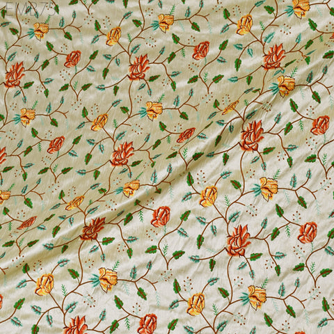 Indian Beige Embroidered Dupioni Fabric by the Yard Sewing Crafting Wedding Dresses Fabric Costumes Dolls Bags Cushion Covers Table Runners