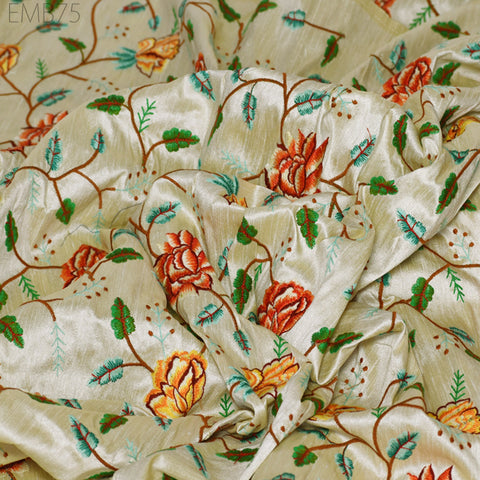 Indian Beige Embroidered Dupioni Fabric by the Yard Sewing Crafting Wedding Dresses Fabric Costumes Dolls Bags Cushion Covers Table Runners