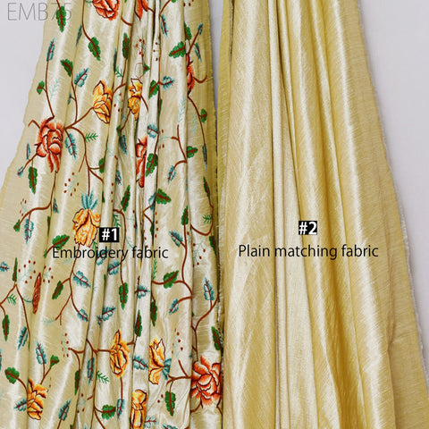 Indian Beige Embroidered Dupioni Fabric by the Yard Sewing Crafting Wedding Dresses Fabric Costumes Dolls Bags Cushion Covers Table Runners