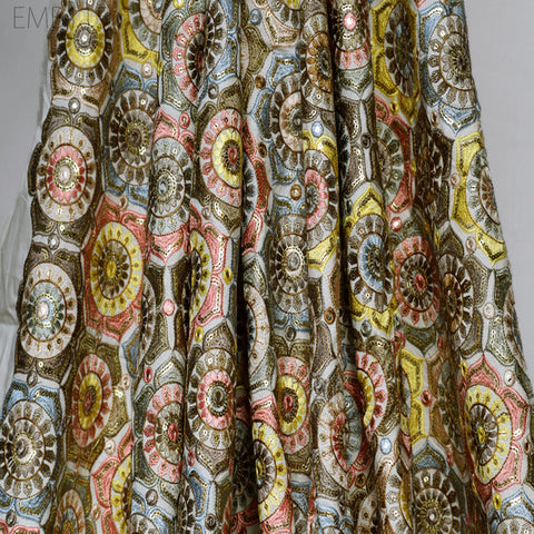 Indian Embroidery Cotton Fabric by the Yard Embroidered Wedding Dress Party Costumes Dolls Bags Cushions Table Runner Sewing DIY Crafting