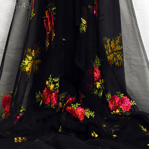 Black Net Embroidered Fabric Floral Embroidered Fabric by the Yard Indian Fabric Saree Crafting Sewing Wedding Dress Costumes Doll Making