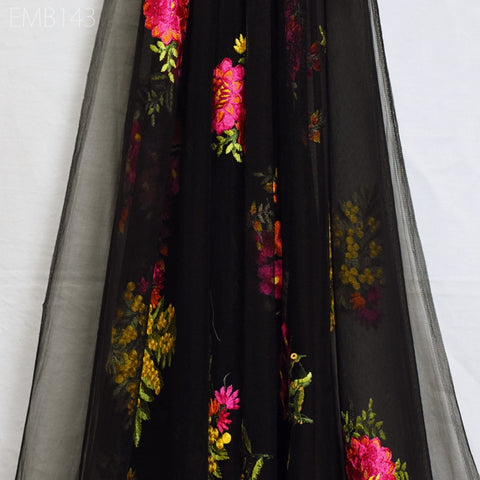 Black Net Embroidered Fabric Floral Embroidered Fabric by the Yard Indian Fabric Saree Crafting Sewing Wedding Dress Costumes Doll Making