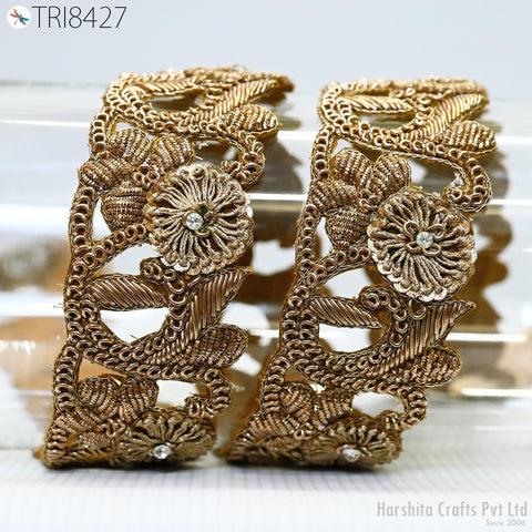 3 Yard Handcrafted Gold Trim | Decorative Crafting Ribbon | Indian Zardozi Saree Border Laces | Embellish Sew on sash Tapes Wedding Dresses