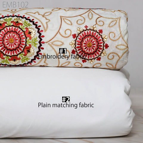 Ivory Embroidered Fabric Indian Embroidery Cotton Fabric by the Yard Sewing Fabric DIY Crafting Wedding Dress Costumes Doll Bag Home Decor