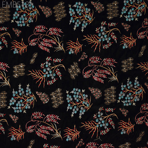 Black Indian Embroidered Velvet Fabric by yard Sewing DIY Crafting Wedding Dress Cocktail Costumes Blazers Bags Table Runner Quilting