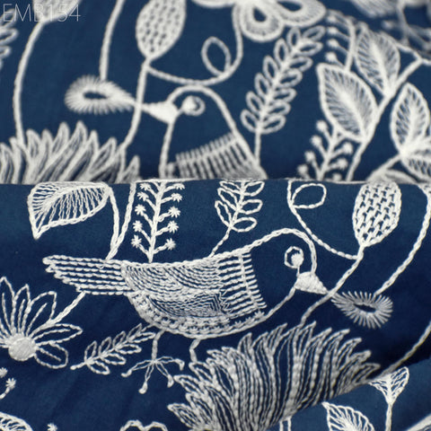 Blue Embroidered Cotton Fabric by Yard Indian Embroidery Sewing DIY Crafting Women Summer Dresses Costumes Tote Bag Home Decor Curtains