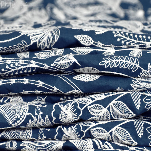 Blue Embroidered Cotton Fabric by Yard Indian Embroidery Sewing DIY Crafting Women Summer Dresses Costumes Tote Bag Home Decor Curtains