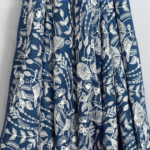 Blue Embroidered Cotton Fabric by Yard Indian Embroidery Sewing DIY Crafting Women Summer Dresses Costumes Tote Bag Home Decor Curtains