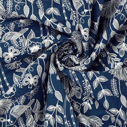 Blue Embroidered Cotton Fabric by Yard Indian Embroidery Sewing DIY Crafting Women Summer Dresses Costumes Tote Bag Home Decor Curtains