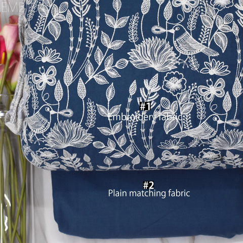 Blue Embroidered Cotton Fabric by Yard Indian Embroidery Sewing DIY Crafting Women Summer Dresses Costumes Tote Bag Home Decor Curtains