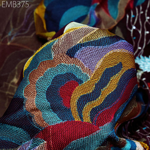 54'' Indian Embroidered Fabric by the Yard Multicolor Georgette Embroidery Sewing Curtain Crafting Women Dresses Material Drapery Home Decor