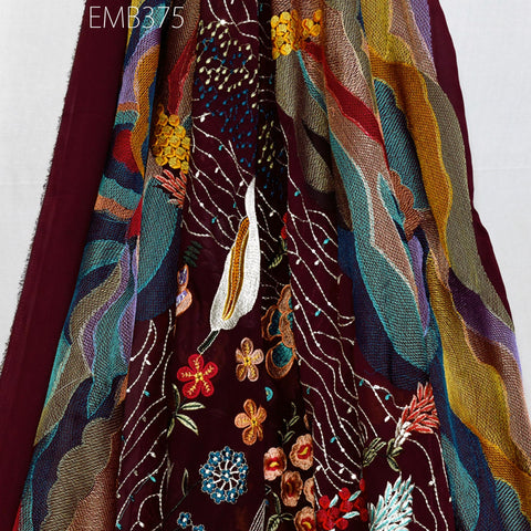 54'' Indian Embroidered Fabric by the Yard Multicolor Georgette Embroidery Sewing Curtain Crafting Women Dresses Material Drapery Home Decor