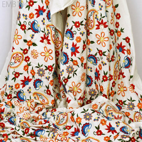 White Embroidered Cotton Fabric by the Yard Indian Embroidery Sewing DIY Crafting Women Summer Dresses Costumes Tote Bag Home Decor Curtains