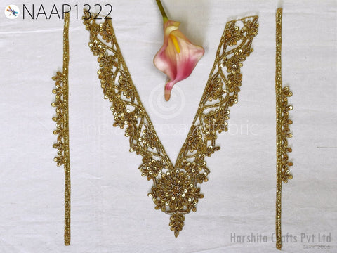 Gold Sequins Neckline with Sleeves Decorative Patch, Zardosi Neck Patches, Handcrafted Beads Embroidery Applique