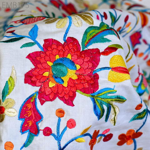 Indian Embroidered Cotton Fabric by the Yard Embroidery Summer Dresses Party Costumes Dolls Bags Cushions Table Runner Sewing DIY Crafting