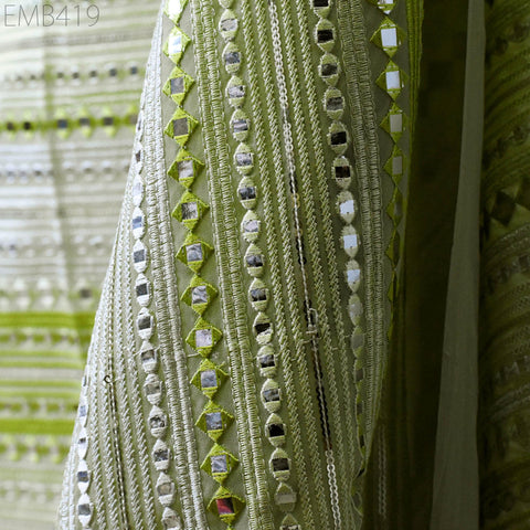 Green Indian Embroidered Fabric by the Yard Georgette Embroidery Sewing Curtain DIY Crafting Summer Women Dress Material Drapery Home Decor
