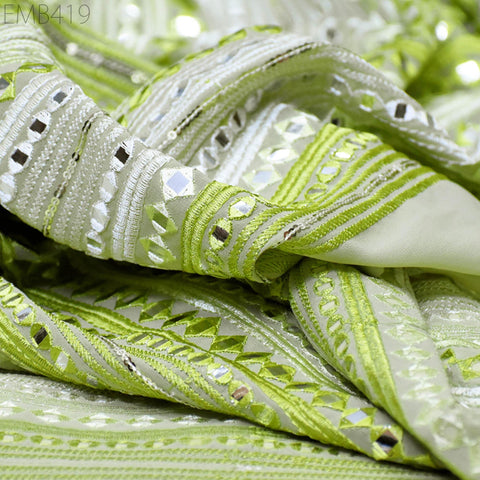 Green Indian Embroidered Fabric by the Yard Georgette Embroidery Sewing Curtain DIY Crafting Summer Women Dress Material Drapery Home Decor