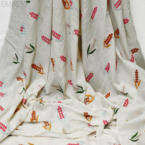 Embroidered Organic Cotton Fabric by the Yard Indian Embroidery Fabric DIY Crafting Sewing Summer Women Dresses Costumes Doll Bag Home Decor