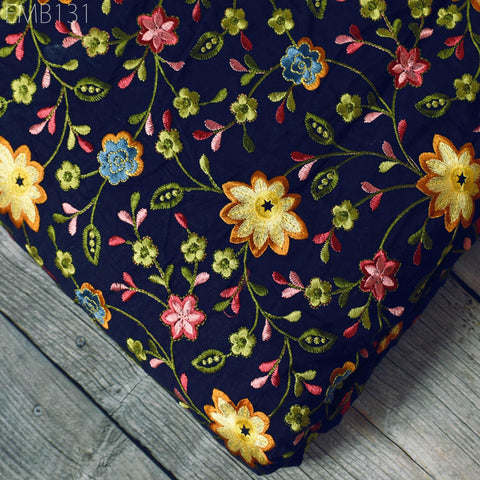 Blue Embroidered Cotton Fabric by the Yard Indian Embroidery Sewing DIY Crafting Women Summer Dresses Costumes Tote Bag Home Decor Curtains