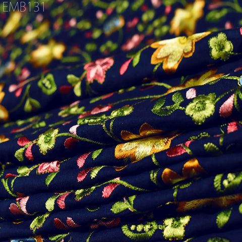 Blue Embroidered Cotton Fabric by the Yard Indian Embroidery Sewing DIY Crafting Women Summer Dresses Costumes Tote Bag Home Decor Curtains