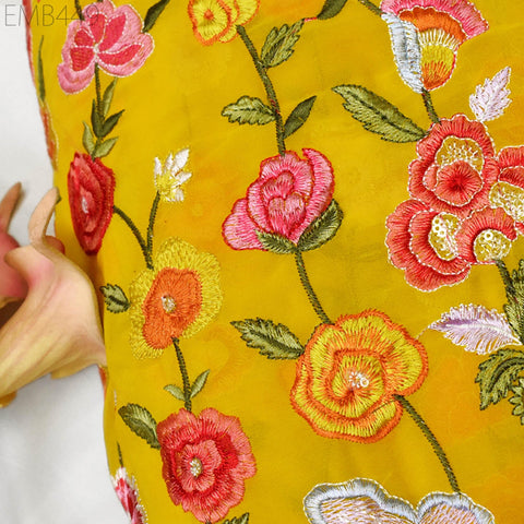 56'' Embroidered Georgette Fabric by Yard Indian Embroidery Wedding lehenga Bridal Long Dress Material Party Costumes Sewing DIY Crafting