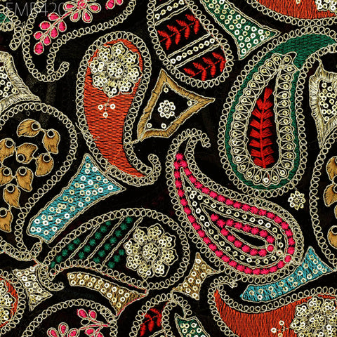 Indian Embroidered Fabric by the Yard Georgette Black Embroidery Sewing Curtain DIY Crafting Summer Women Dress Material Drapery Home Decor