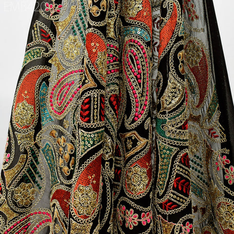 Indian Embroidered Fabric by the Yard Georgette Black Embroidery Sewing Curtain DIY Crafting Summer Women Dress Material Drapery Home Decor