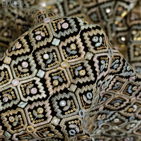 Black Embroidered Georgette Fabric by Yard Indian Embroidery Sewing Curtain DIY Crafting Summer Women Dress Material Drapery Home Decor