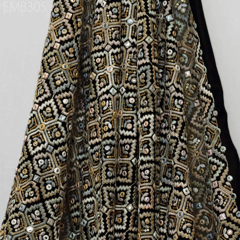 Black Embroidered Georgette Fabric by Yard Indian Embroidery Sewing Curtain DIY Crafting Summer Women Dress Material Drapery Home Decor