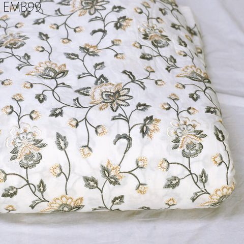 Grey Embroidered Fabric Indian Embroidery Cotton Fabric by the Yard Sewing Fabric DIY Crafting Wedding Dress Costumes Doll Bag Home Decor