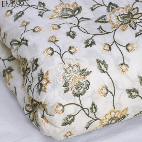 Grey Embroidered Fabric Indian Embroidery Cotton Fabric by the Yard Sewing Fabric DIY Crafting Wedding Dress Costumes Doll Bag Home Decor
