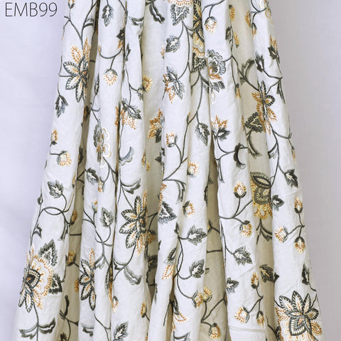 Grey Embroidered Fabric Indian Embroidery Cotton Fabric by the Yard Sewing Fabric DIY Crafting Wedding Dress Costumes Doll Bag Home Decor