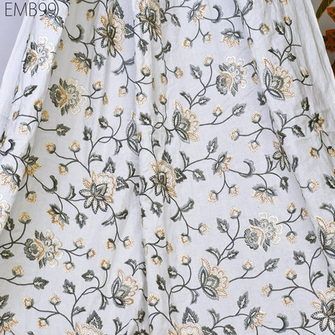 Grey Embroidered Fabric Indian Embroidery Cotton Fabric by the Yard Sewing Fabric DIY Crafting Wedding Dress Costumes Doll Bag Home Decor