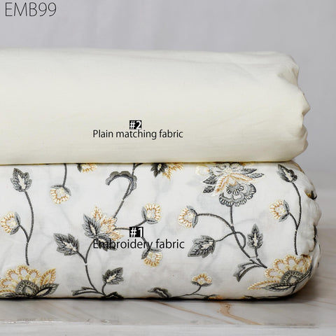Grey Embroidered Fabric Indian Embroidery Cotton Fabric by the Yard Sewing Fabric DIY Crafting Wedding Dress Costumes Doll Bag Home Decor
