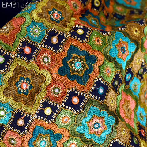 Indian Embroidered Cotton Fabric by the Yard Embroidery Wedding Dress Party Costumes Dolls Bags Cushions Table Runner Sewing DIY Crafting