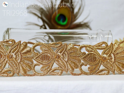 Zardozi Gold Floral Trim by the Yard | 3 Inch Indian Saree Border Decorative Handcrafted Wedding Lace Costume Embellishment Sari Trim Ribbon
