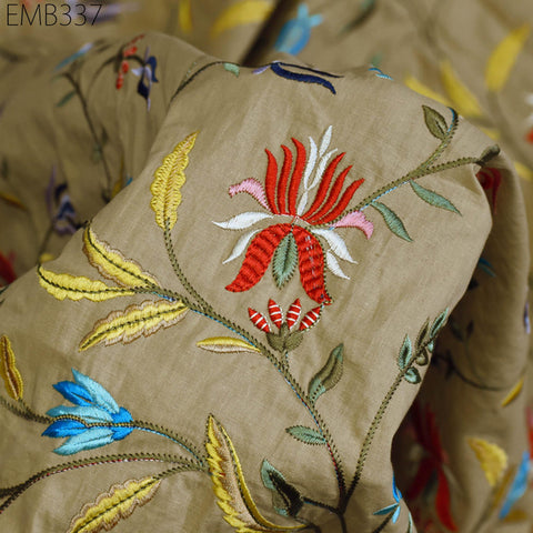 Floral Embroidered Cotton Fabric by the Yard Indian Embroidery Sewing DIY Crafting Women Summer Dresses Costumes Tote Bag Home Decor Curtain
