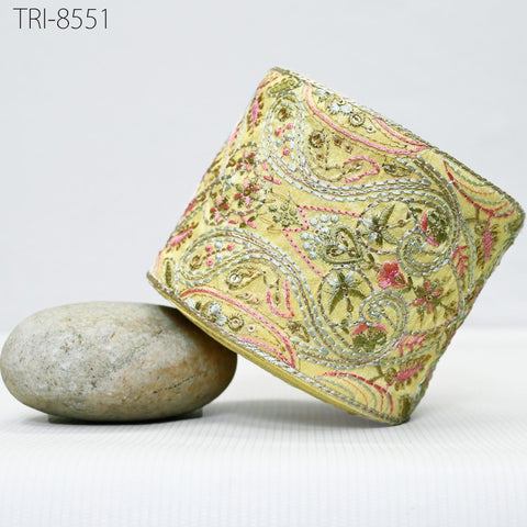 9 Yard Yellow Embroidered 10cm Trim Indian Embroidery Ribbons Laces | Sari Border Saree | DIY Crafting Beach Bag Decorative Trimmings Tape