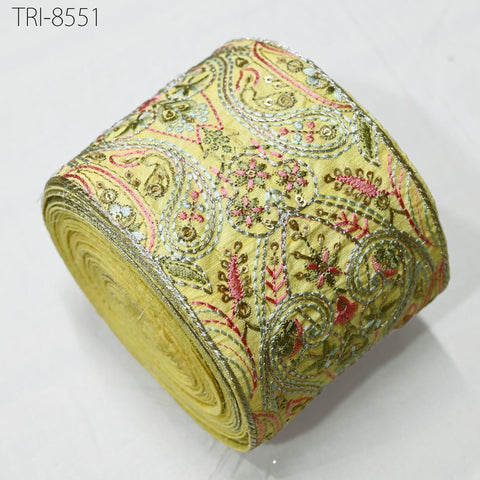 9 Yard Yellow Embroidered 10cm Trim Indian Embroidery Ribbons Laces | Sari Border Saree | DIY Crafting Beach Bag Decorative Trimmings Tape