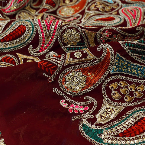 Indian Embroidered Fabric by the Yard Georgette Maroon Embroidery Sewing Curtain DIY Crafting Summer Women Dress Material Drapery Home Decor