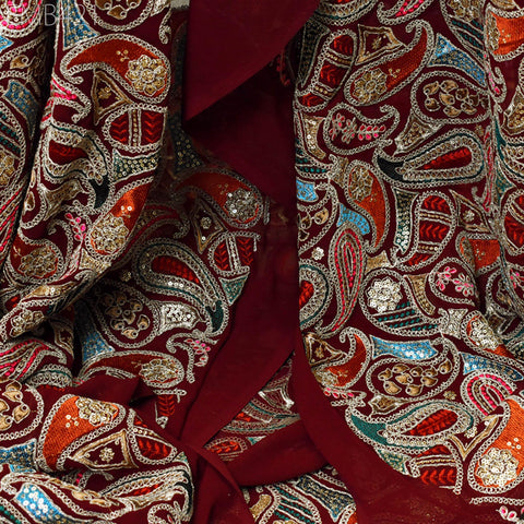 Indian Embroidered Fabric by the Yard Georgette Maroon Embroidery Sewing Curtain DIY Crafting Summer Women Dress Material Drapery Home Decor