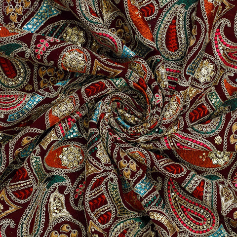 Indian Embroidered Fabric by the Yard Georgette Maroon Embroidery Sewing Curtain DIY Crafting Summer Women Dress Material Drapery Home Decor